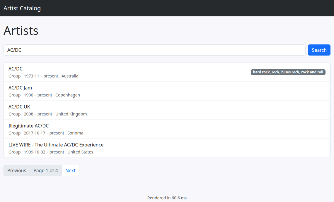 Artist listing page loading dramatically faster once results are served from cache.
