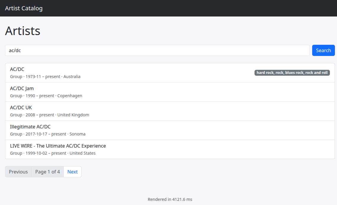 Artist catalog homepage showing a paginated, sorted list of search results.
