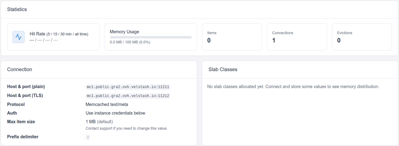 Velstash dashboard: instance details page showing the host and port to connect to.
