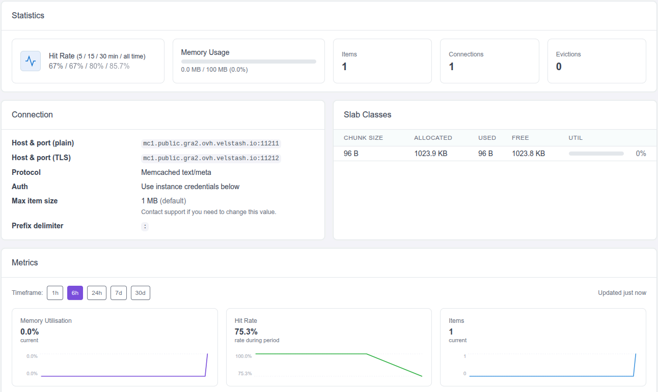 Velstash dashboard: instance details page showing the newly stored item accounted for.