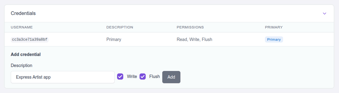 Velstash dashboard: creating a new set of credentials for an application.